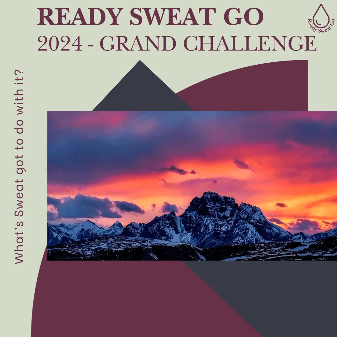 Ready Sweat Go 2024 Grand Challenge promo with sunset mountain landscape and motivational text