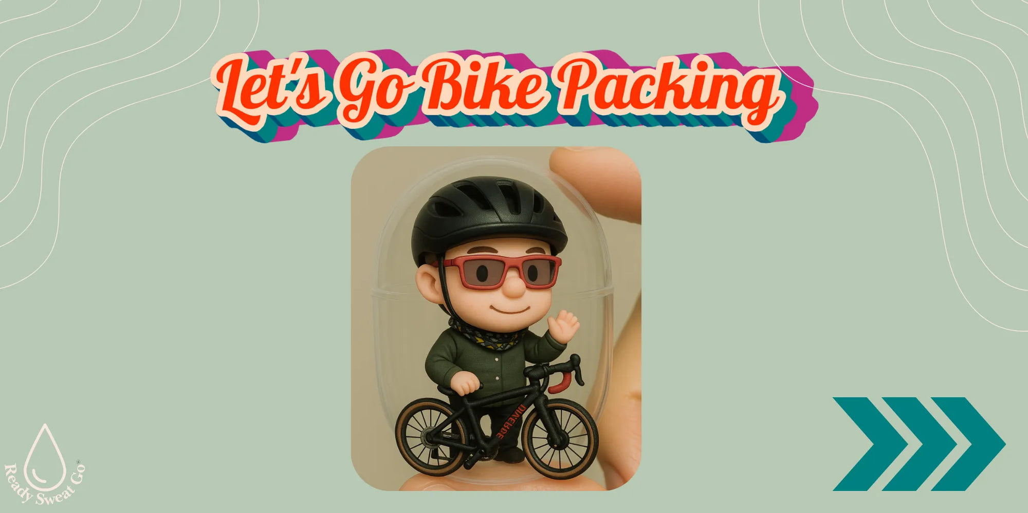 Cartoon cyclist figurine with bike and helmet, 'Let's Go Bike Packing' text on pastel background