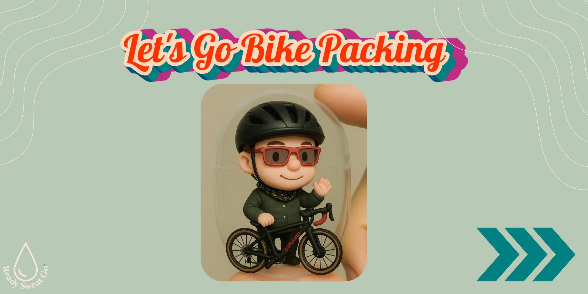 Cartoon cyclist figurine with helmet and sunglasses, holding bike, 'Let's Go Bike Packing' text