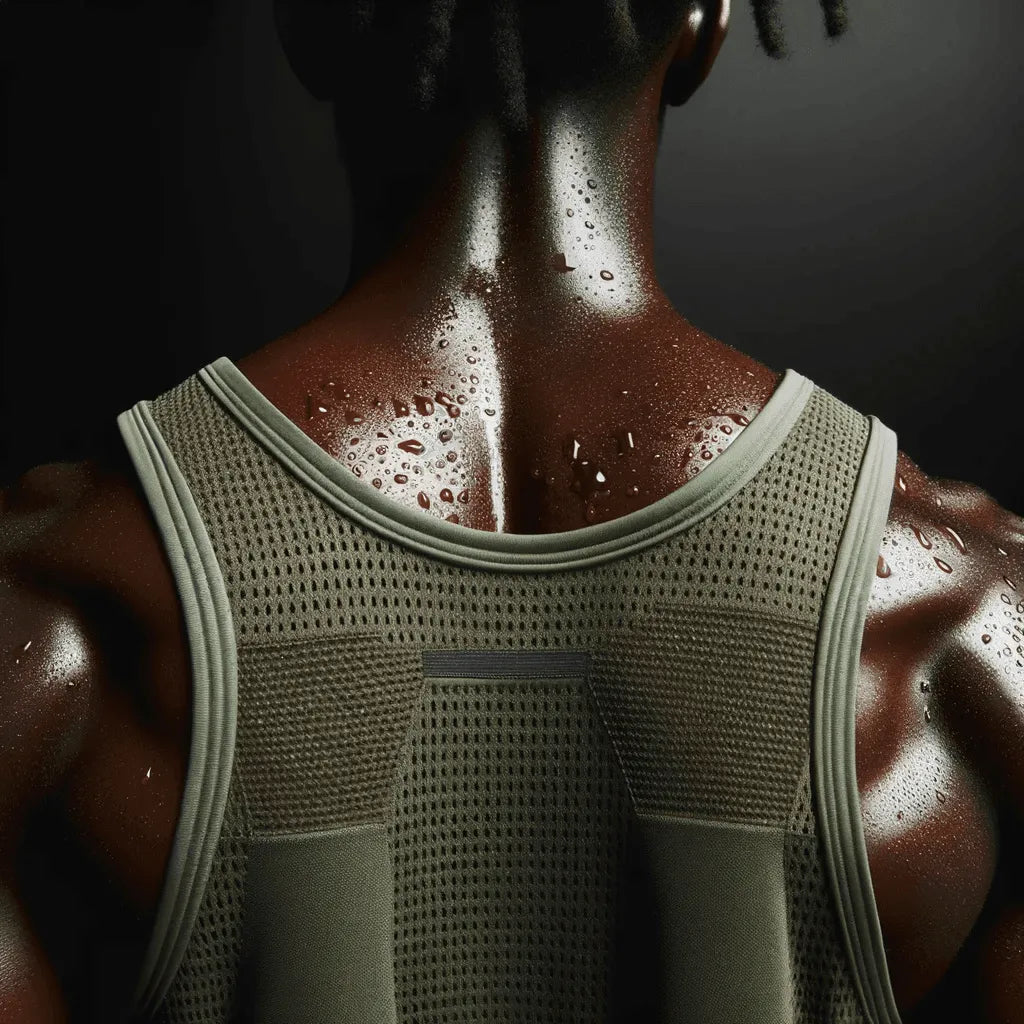 Sweat glistening on back of black female athlete wearing olive green gym vest top