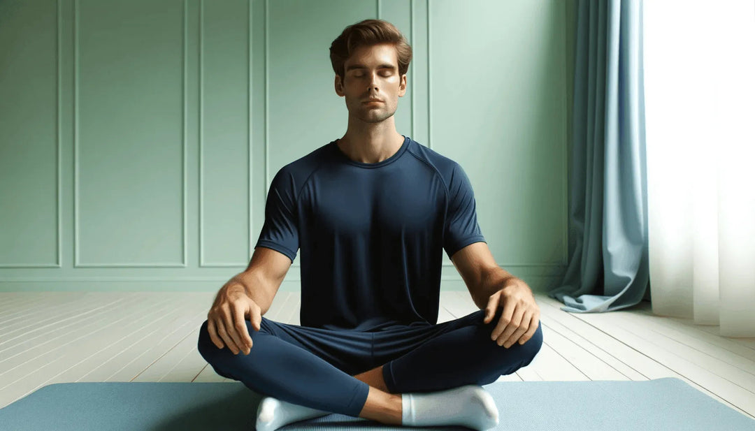 Man meditating on a yoga mat in a pale green yoga studio with soft natural light