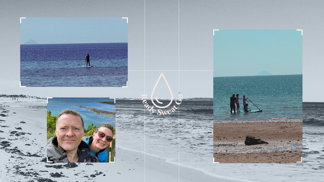 Beach collage with paddleboarding, smiling couple selfie, and Ready Sweat Go logo
