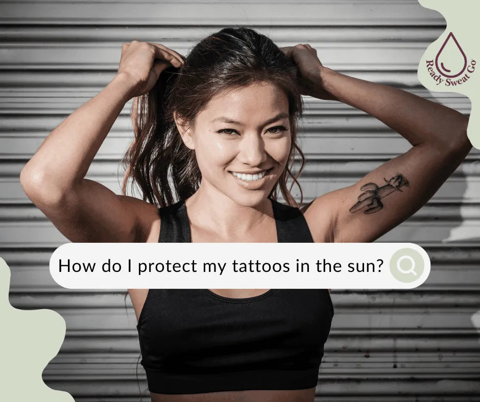 Smiling woman with arm tattoo in sunlight, text asks how to protect tattoos in the sun.