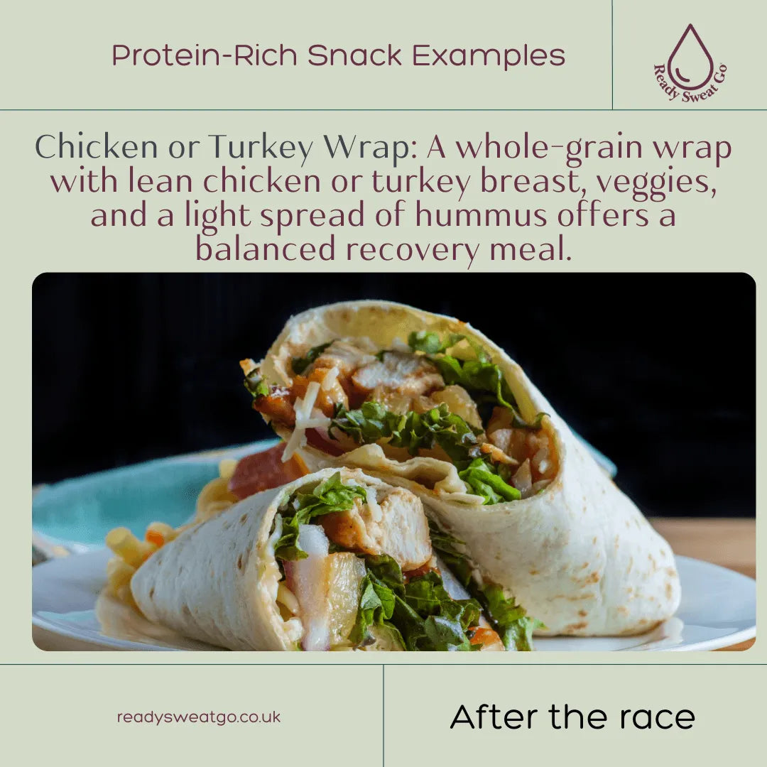 Chicken or turkey wrap with veggies and hummus, labeled protein-rich snack for recovery.