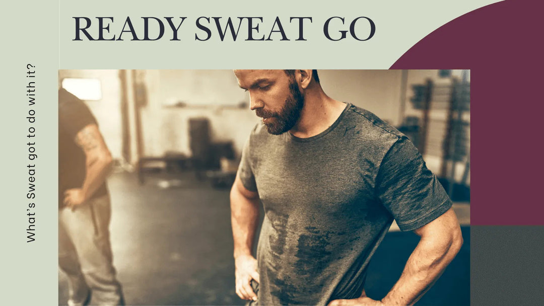 Sweaty man in gym after workout, fitness motivation, Ready Sweat Go banner