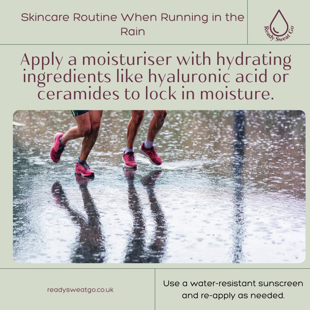 Two people running in rain wearing red shoes, skincare routine tips shown for rainy runs.