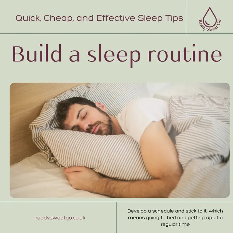 Man sleeping in bed with striped pillow, build a sleep routine tip, sleep improvement advice