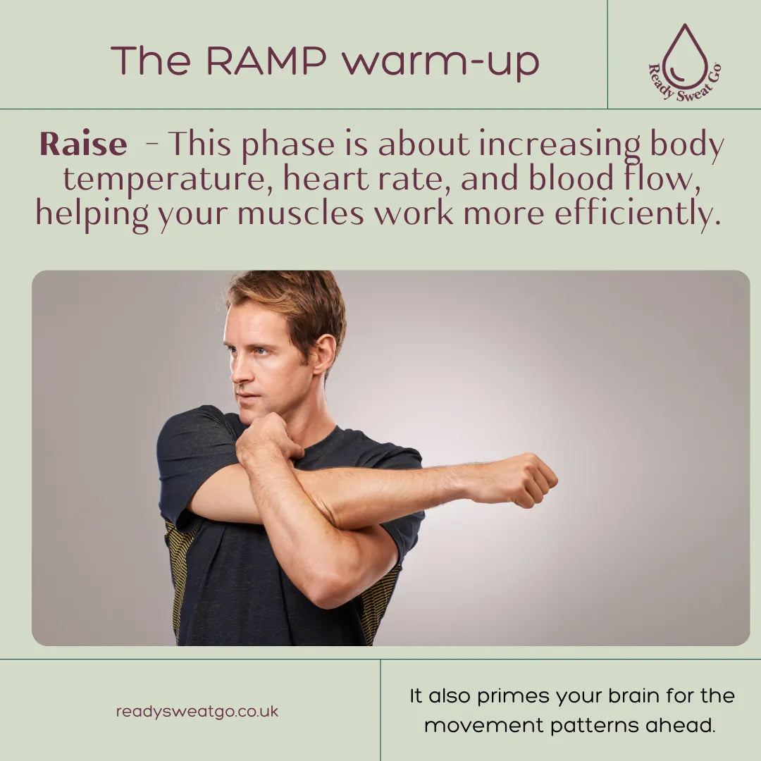 Man doing shoulder stretch for the RAMP warm-up, fitness routine to increase body temperature.