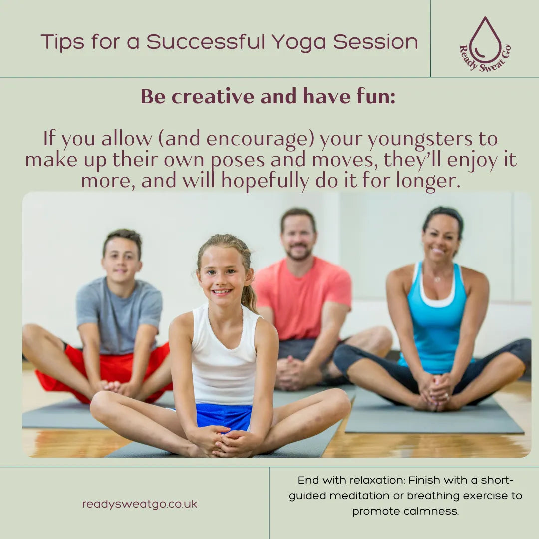Family doing yoga together on mats, smiling, in a bright studio, yoga session tips overlayed.
