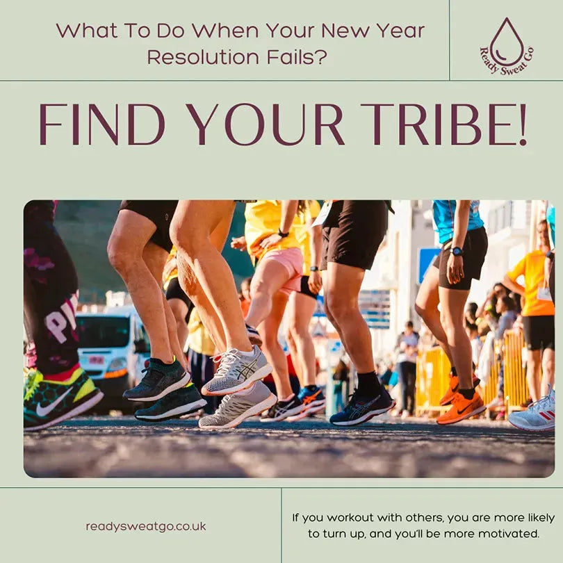 Group of runners jogging outdoors at a fitness event, motivational New Year resolution text.