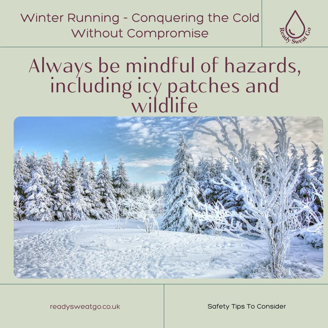 Snow-covered forest in winter with safety tips for running in cold, icy conditions.