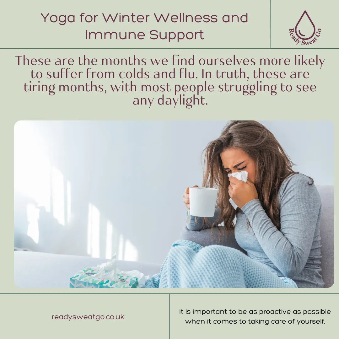 Woman with a tissue and mug on a couch, promoting yoga for winter wellness and immune support.