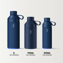 Three blue OB Original water bottles in 1L, 750ml, and 500ml sizes on white background