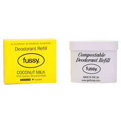 Fussy coconut milk deodorant refill box and compostable deodorant refill container