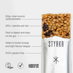 STYRKR energy bar in silver wrapper with nutrition highlights, gluten-free, vegan, made in UK