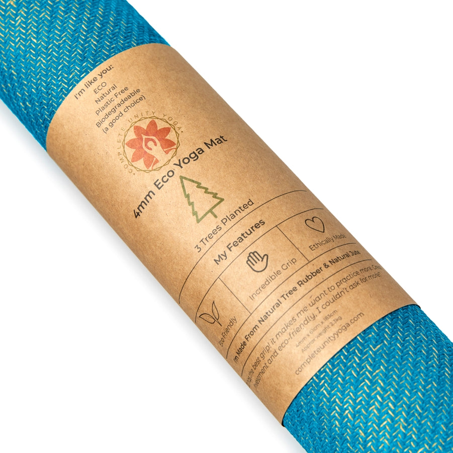 Blue 4mm eco yoga mat with brown paper label, sustainable, natural tree rubber, eco-friendly.