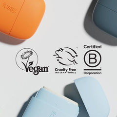 Colorful Fussy deodorants with vegan, cruelty-free, and B Corporation certification logos