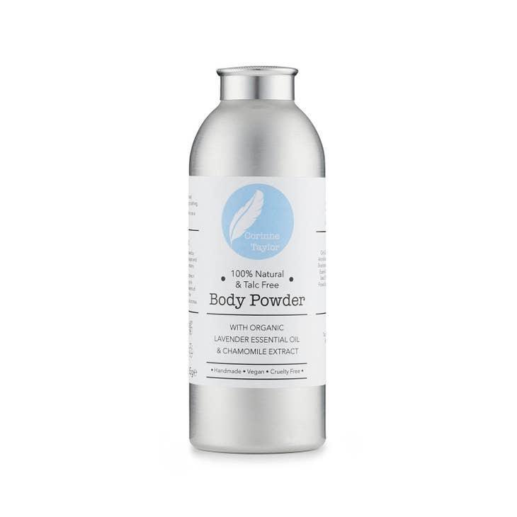 Corrine Taylor Body Powder aluminum bottle, talc free, vegan, with lavender and chamomile