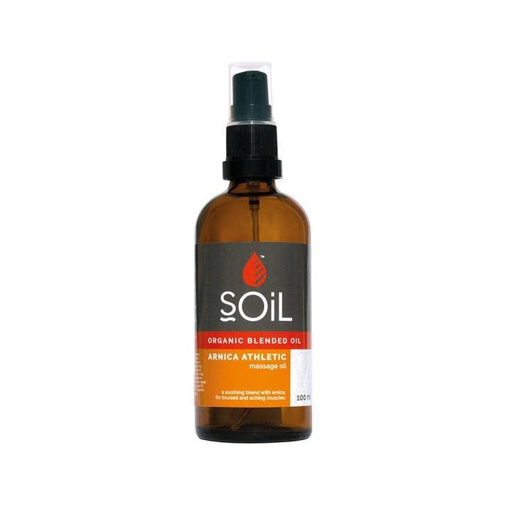 SOiL Organic Blended Arnica Athletic massage oil bottle with black spray cap, 100ml