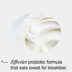 Closeup of creamy probiotic formula with text promoting effective sweat-eating benefits