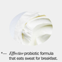Creamy white probiotic formula with text promoting sweat-eating effectiveness