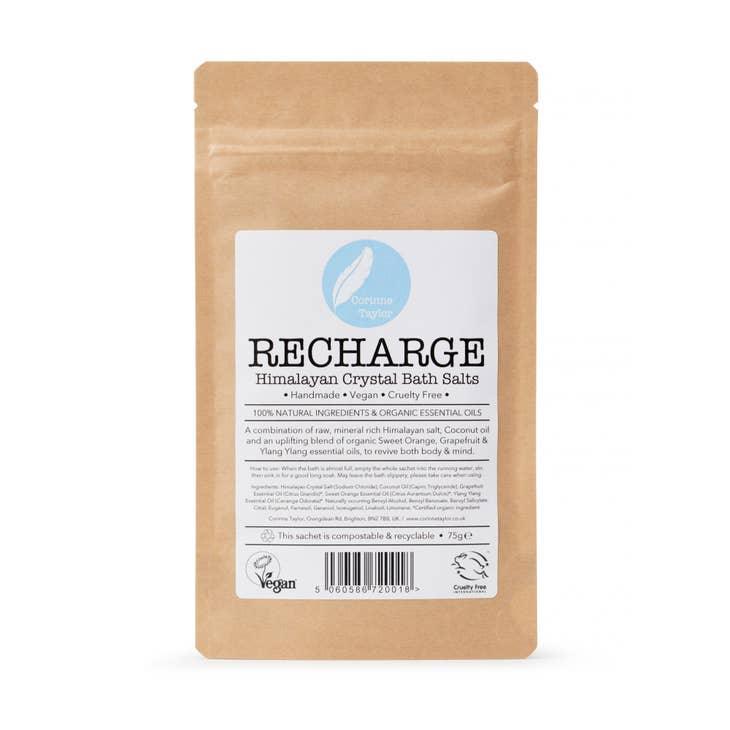 Recharge Himalayan crystal bath salts pouch, vegan and cruelty-free, on white background