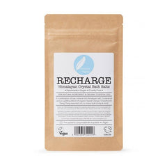 Recharge Himalayan crystal bath salts pouch, vegan and cruelty-free, on white background