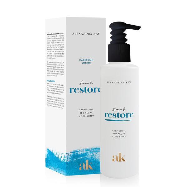 Alexandra Kay time to restore magnesium lotion bottle with box, blue brushstroke design