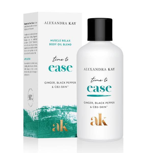 Alexandra Kay muscle relax body oil blend bottle and packaging, time to ease with ginger and black pepper