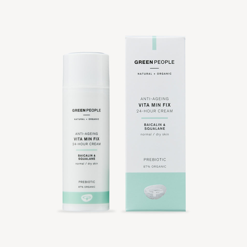 Green People Anti-Ageing Vita Min Fix 24-hour cream bottle and box, normal dry skin skincare