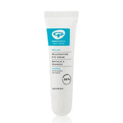 Green People Rejuvenating Eye Cream tube with baicalin and seaweed on white background