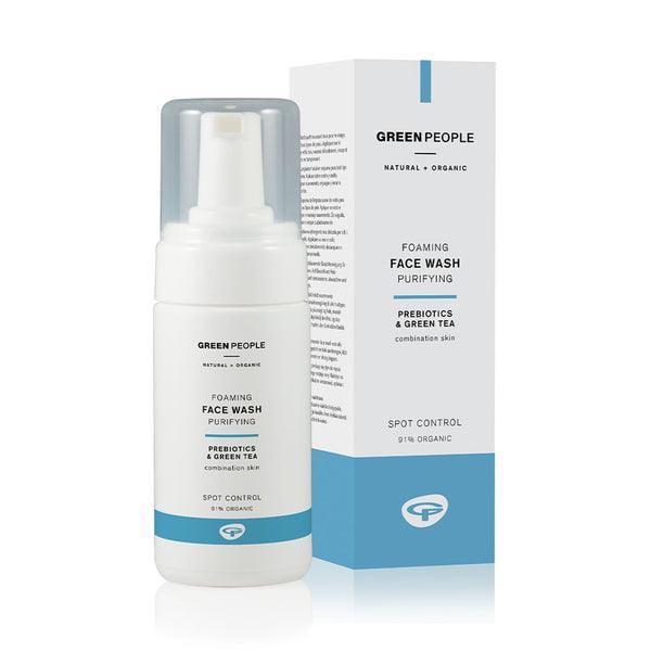 Green People foaming face wash purifying bottle and box, natural organic skincare product