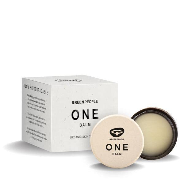 Green People ONE Balm organic skin care in biodegradable box and open pot