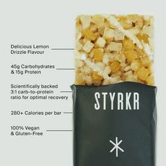 STYRKR Lemon Drizzle protein bar, vegan, gluten-free, 45g carbs, 15g protein, 280+ calories