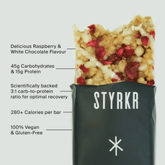 STYRKER raspberry white chocolate protein bar in black wrapper with visible fruit pieces and nutrition highlights