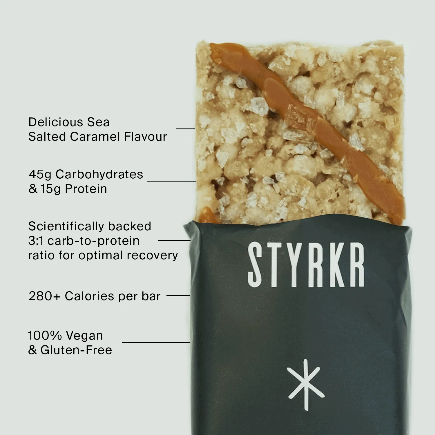 STYRKR sea salted caramel protein bar, vegan, gluten-free, 45g carbs, 15g protein.
