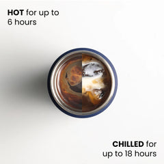 Top view of insulated mug with hot coffee on one side and iced coffee on the other, text highlights temperature retention