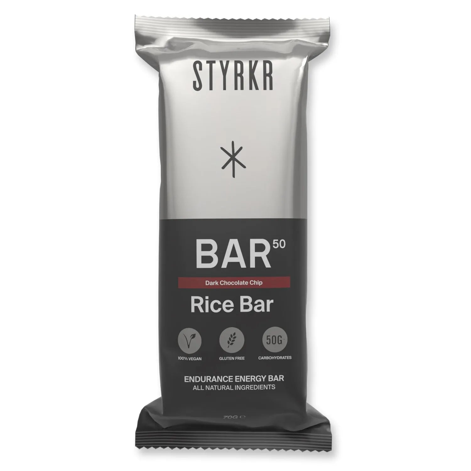 STYRKR BAR50 dark chocolate chip rice bar, vegan, gluten free, endurance energy snack