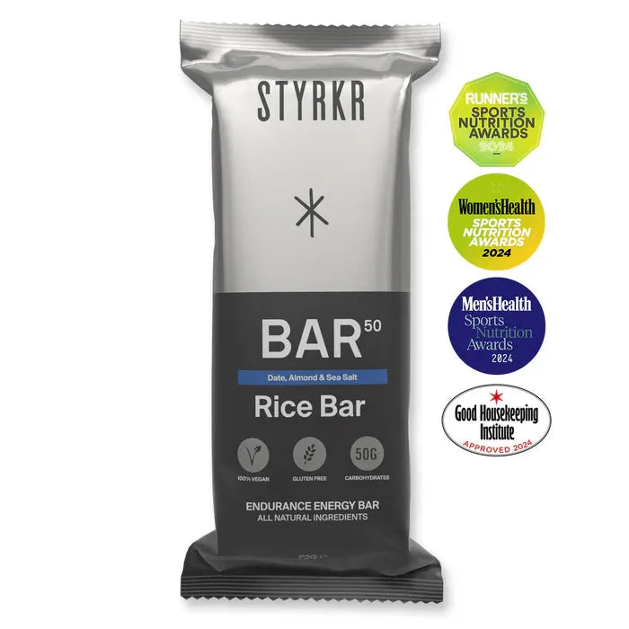 STYRKR BAR50 Rice Bar Date Almond Sea Salt with 2024 nutrition and food awards badges