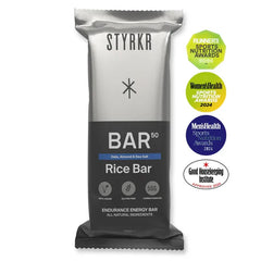 STYRKR BAR50 Rice Bar Date Almond Sea Salt with 2024 nutrition and food awards badges