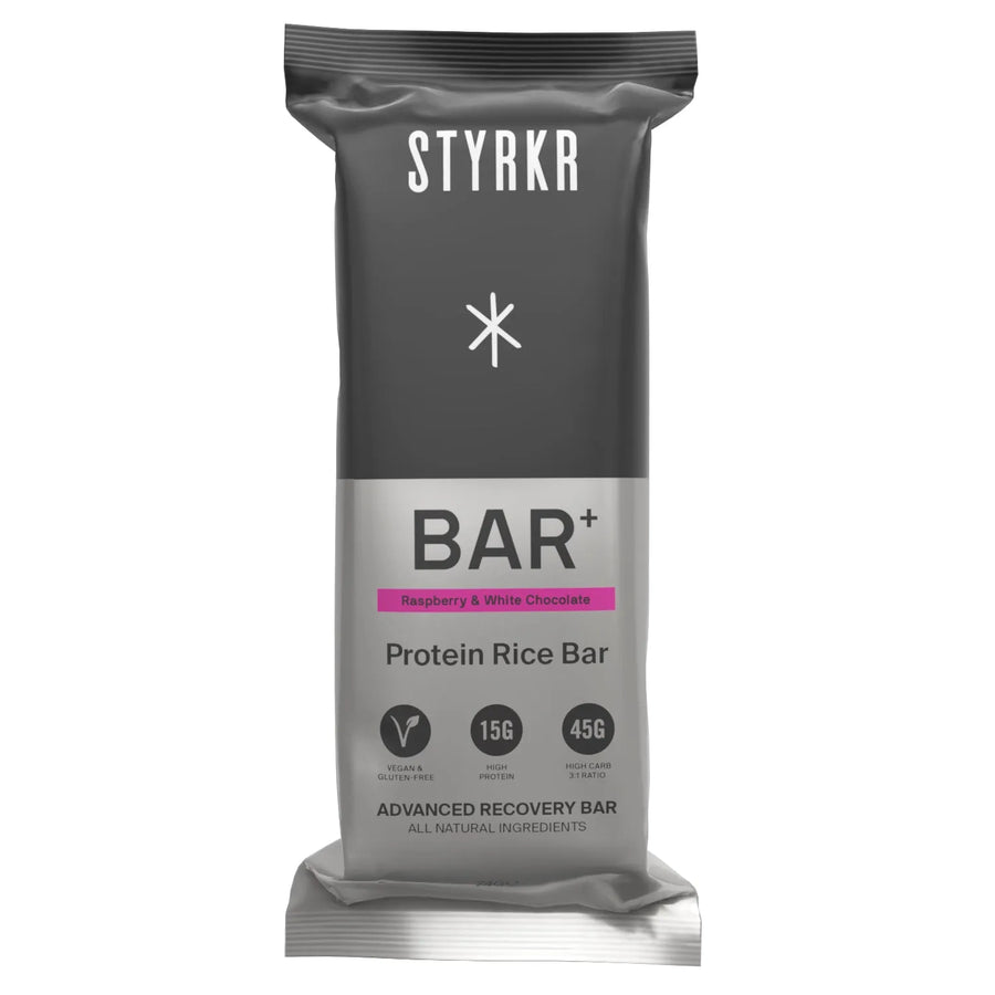 STYRKR BAR+ raspberry & white chocolate protein rice bar, vegan, gluten free, recovery snack