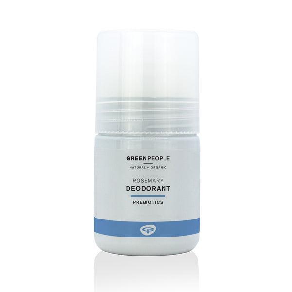 Green People rosemary deodorant prebiotics roll-on bottle, white with blue label