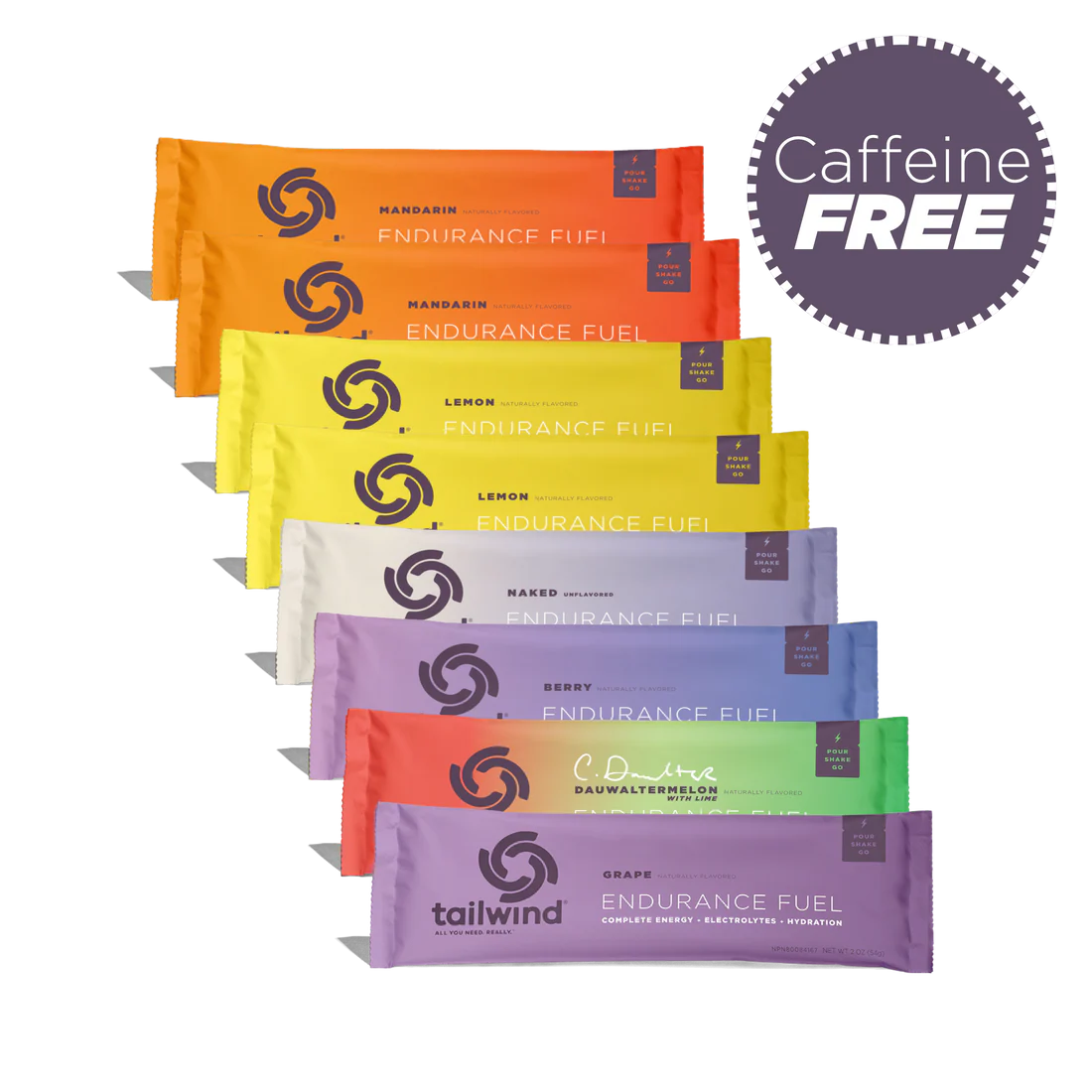 Tailwind Endurance Fuel caffeine free assorted flavor packs arranged in a vertical stack