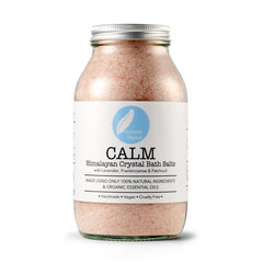 Calm Himalayan crystal bath salts jar with natural ingredients and essential oils label