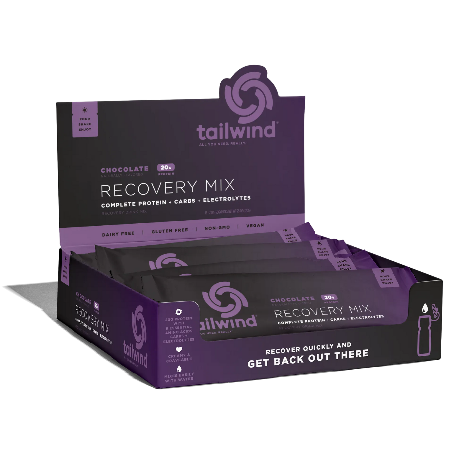 Tailwind chocolate recovery mix 12-pack box with protein, carbs, and electrolytes.