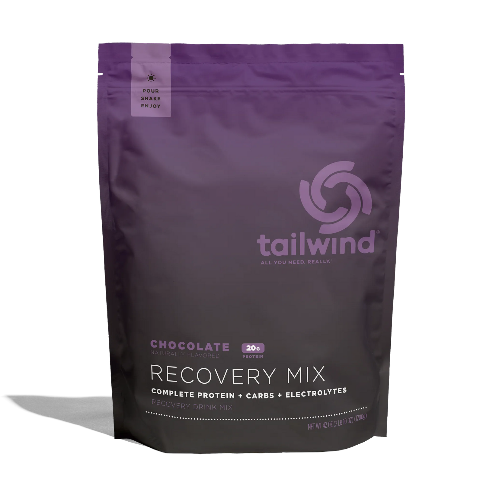 Tailwind chocolate recovery mix pouch with protein, carbs, and electrolytes