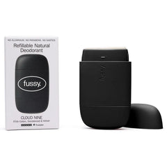 Fussy Cloud Nine refillable natural deodorant and box on white background