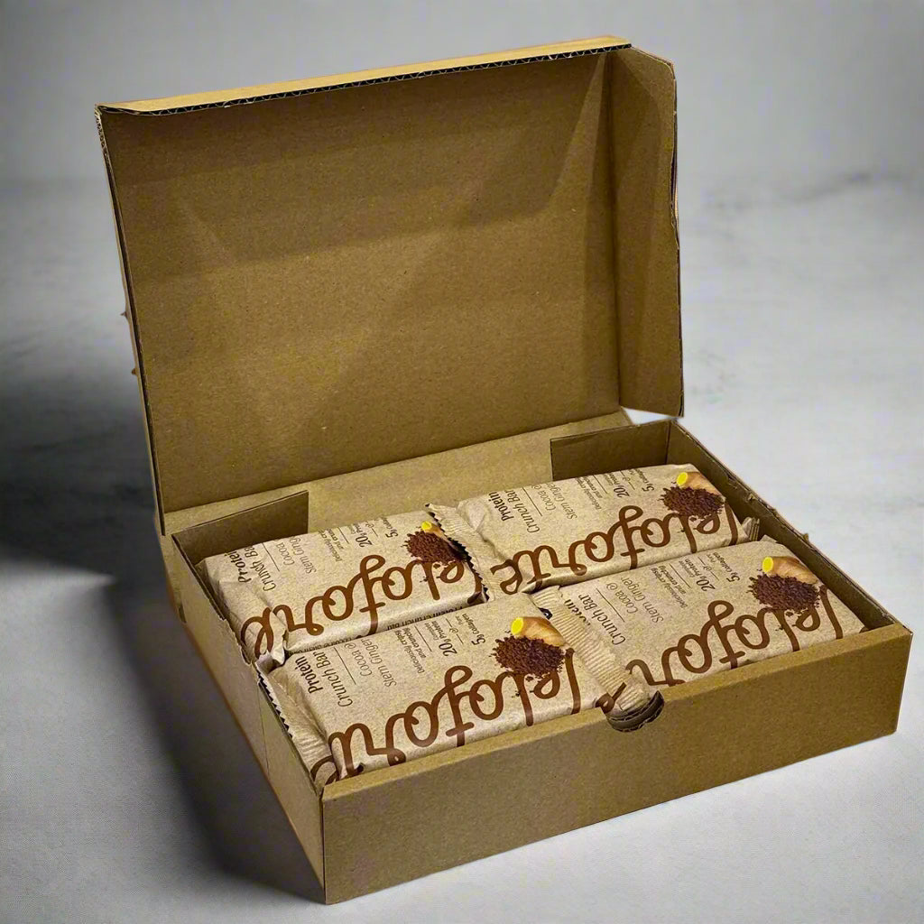 Box of cocoa protein crunch bars