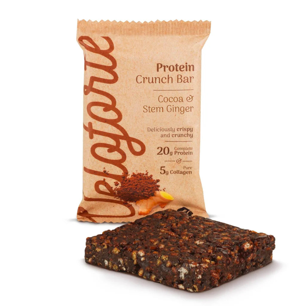 Veloforte Cocoa & Stem Ginger Protein Crunch Bar in wrapper with bar in front