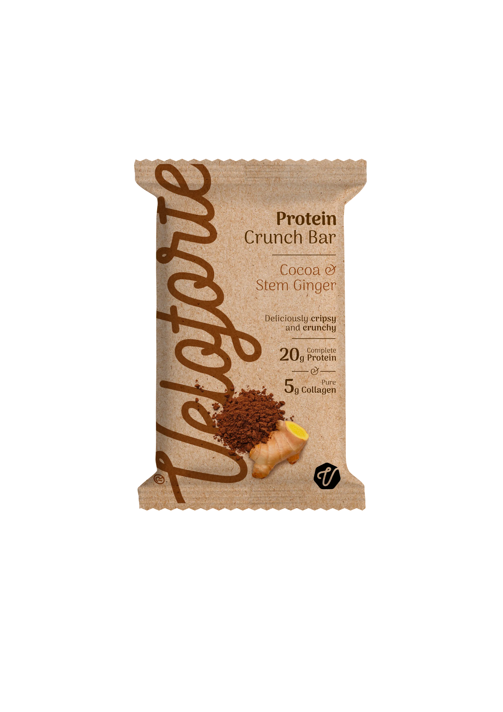 Veloforte protein crunch bar cocoa stem ginger flavor in brown packaging with cocoa powder and ginger pieces